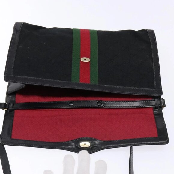 GUCCI Web Sherry Line GG Canvas Shoulder Bag Black Gold 37 04 3657 Auth 133392 - Picture 10 of 16